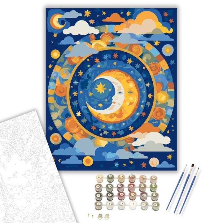 Számfestő készlet, Nap és Hold Mandala Élénk Színekkel, 40×50 cm, Keretre feszítve, 3db ecset, akrilfestékek