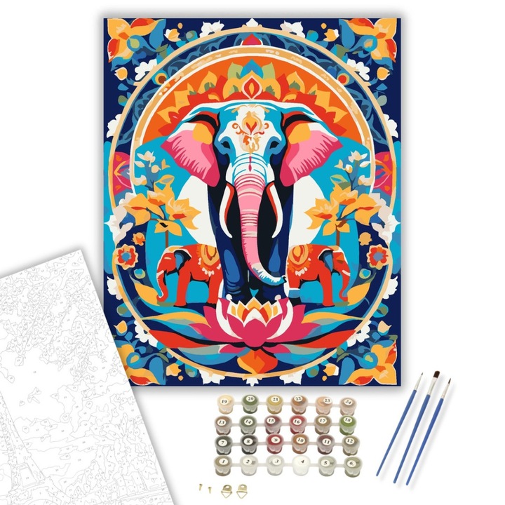 Számfestő készlet, Indiai Elefánt és Lótusz Mandala, 40×50 cm, Keret nélkül, 3db ecset, akrilfestékek