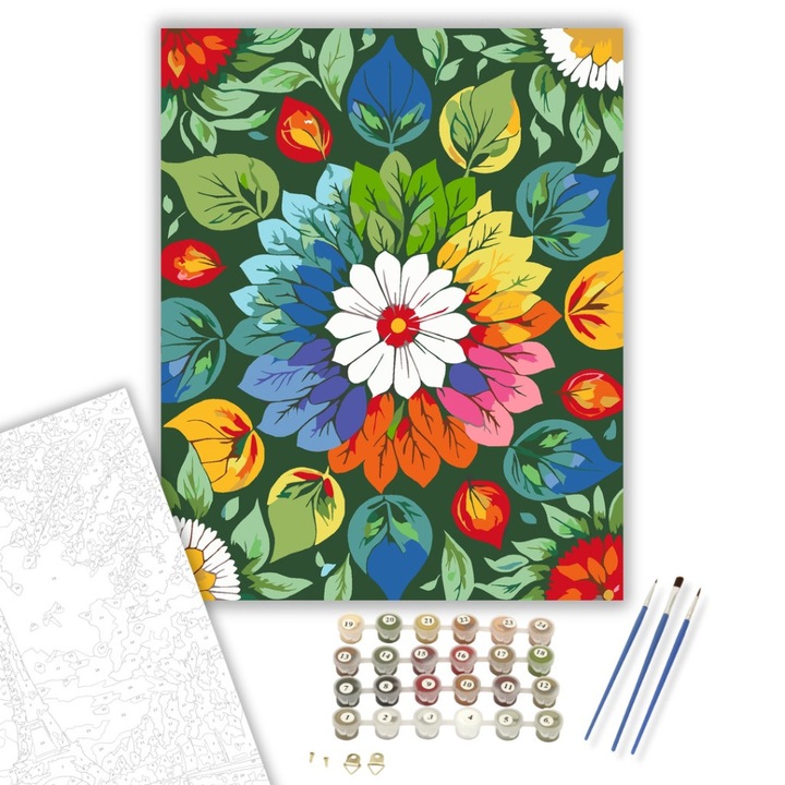 Számfestő készlet, Virágos Mandala Élénk Színekkel, 40×50 cm, Keret nélkül, 3db ecset, akrilfestékek