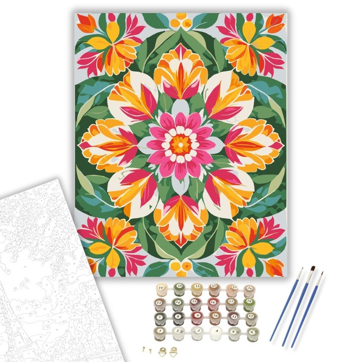 Számfestő készlet, Tavaszi Virág Mandala, 40×50 cm, Keret nélkül, 3db ecset, akrilfestékek