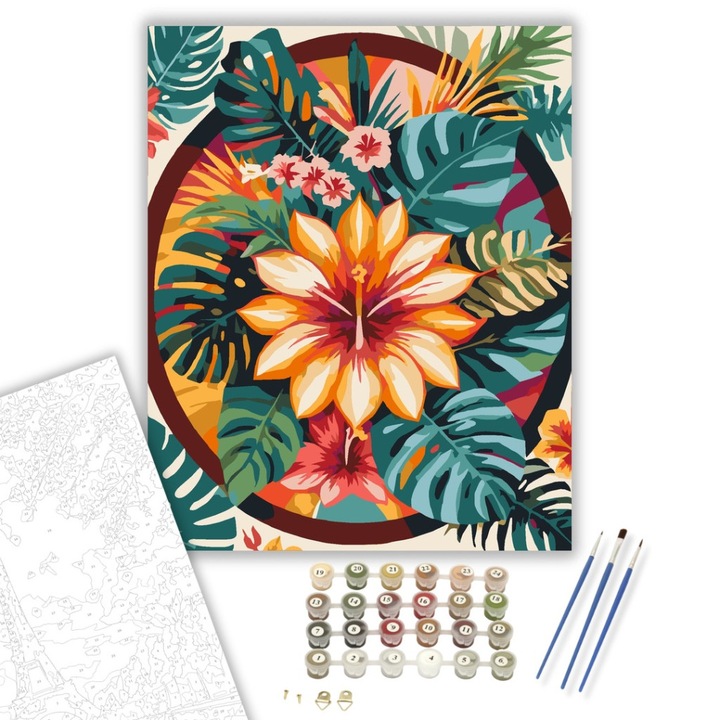 Számfestő készlet, Trópusi Mandala Palmalevelekkel, 40×50 cm, Keret nélkül, 3db ecset, akrilfestékek