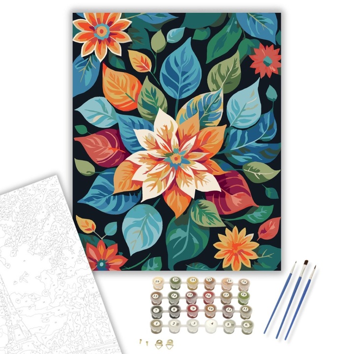 Számfestő készlet, Élénk Természet Mandala Virágokkal és Levelekkel, 40×50 cm, Keret nélkül, 3db ecset, akrilfestékek