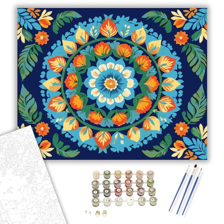 Számfestő készlet, Természet Mandala Virágokkal és Levelekkel, 40×50 cm, Keret nélkül, 3db ecset, akrilfestékek