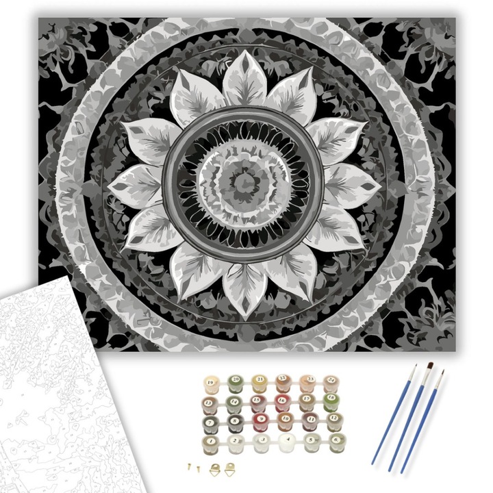 Számfestő készlet, Ezüstös Mandala Szimmetriával, 40×50 cm, Keret nélkül, 3db ecset, akrilfestékek