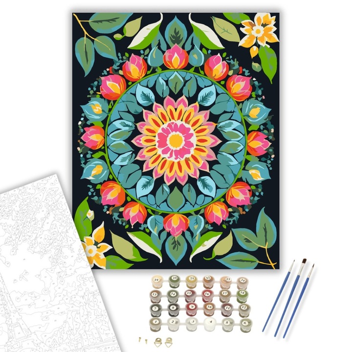 Számfestő készlet, Természet ihlette Mandala Virágokkal, 40×50 cm, Keretre feszítve, 3db ecset, akrilfestékek