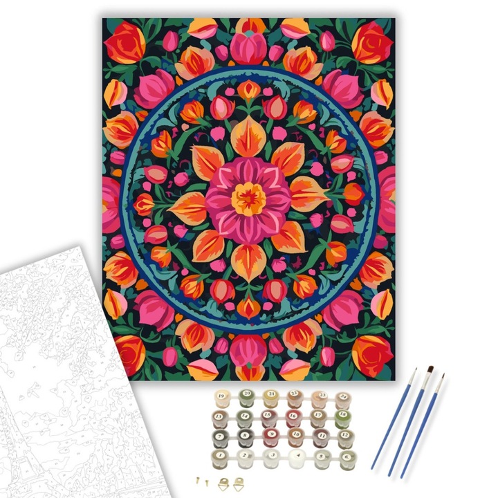 Számfestő készlet, Virágos Mandala Rózsákkal és Tulipánokkal, 40×50 cm, Keret nélkül, 3db ecset, akrilfestékek