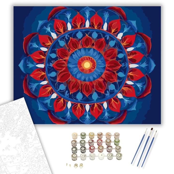 Számfestő készlet, Szikrázó Mandala Vörös és Kék Színekkel, 40×50 cm, Keret nélkül, 3db ecset, akrilfestékek
