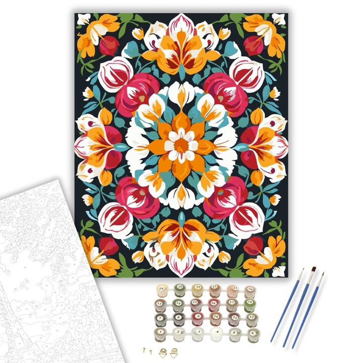 Számfestő készlet, Virágos Mandala Rózsákkal és Tulipánokkal, 40×50 cm, Keret nélkül, 3db ecset, akrilfestékek