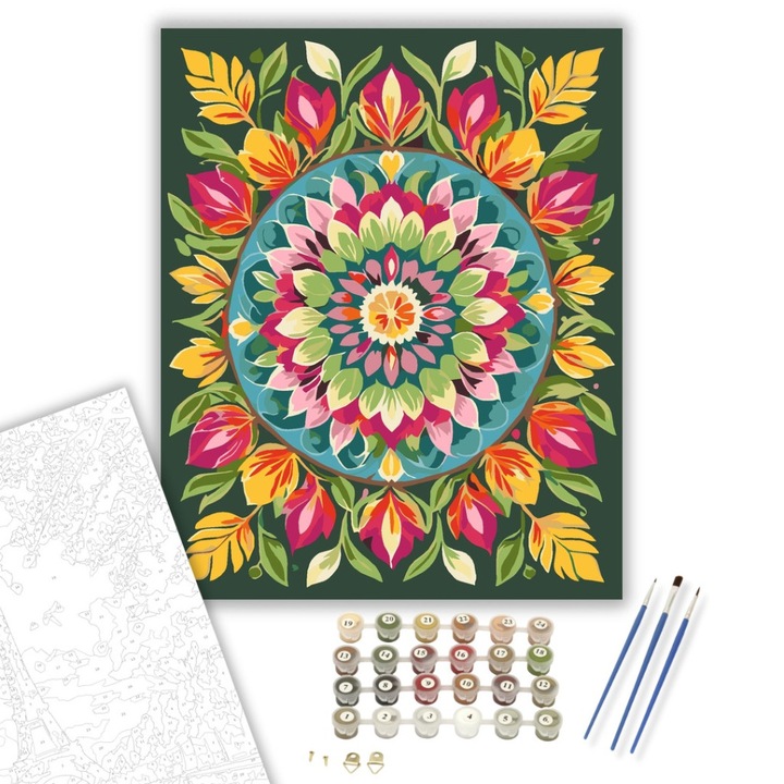 Számfestő készlet, Tavaszi Virágos Mandala Élénk Színekkel, 40×50 cm, Keret nélkül, 3db ecset, akrilfestékek