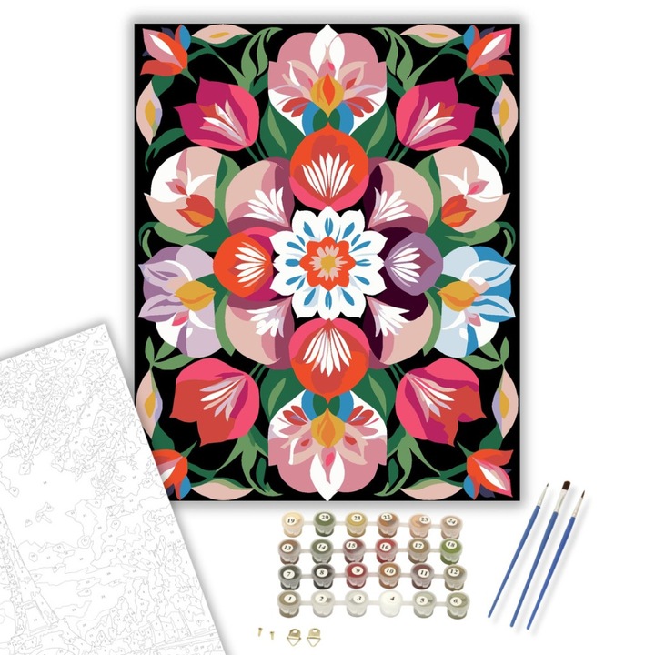 Számfestő készlet, Virágkert Mandala Rózsákkal és Tulipánokkal, 40×50 cm, Keret nélkül, 3db ecset, akrilfestékek