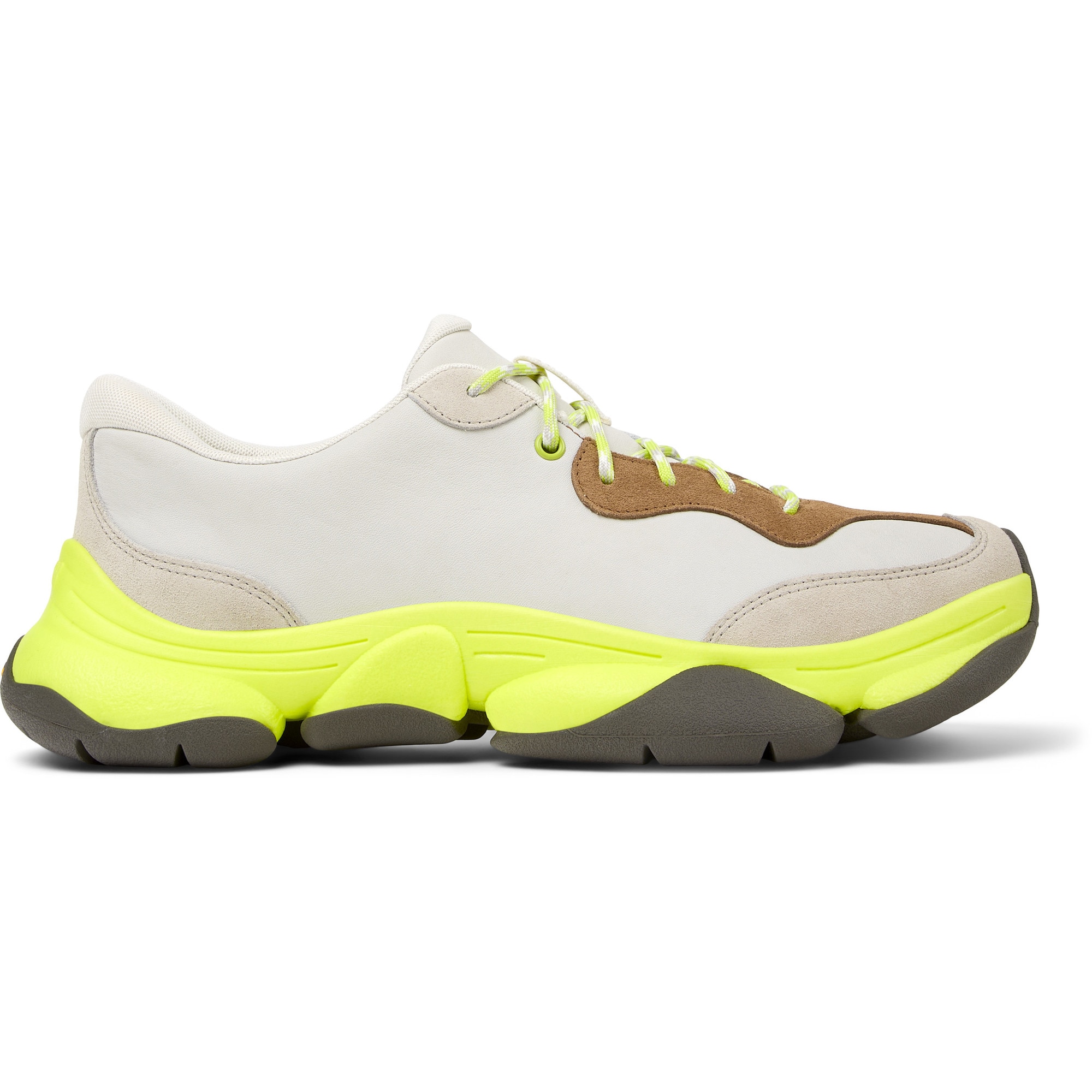Camper, Pantofi sport uni de piele ecologica, Alb murdar, Verde lime, 40