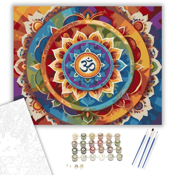 Számfestő készlet, Om Szimbólum Mandala, 40×50 cm, Keret nélkül, 3db ecset, akrilfestékek