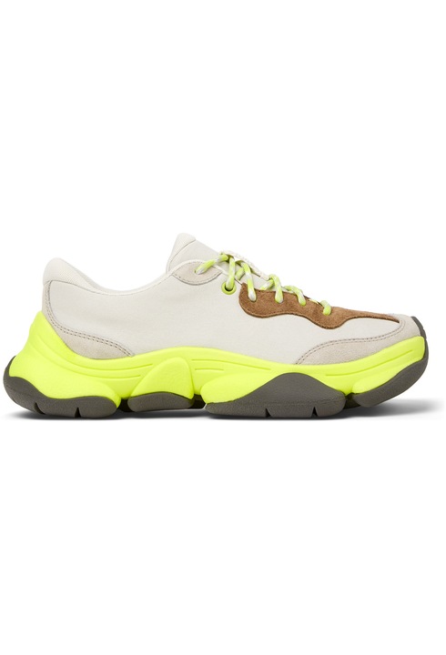 Camper, Pantofi sport cu piele si garnituri din piele nabuc Karst 2, Alb/Galben neon