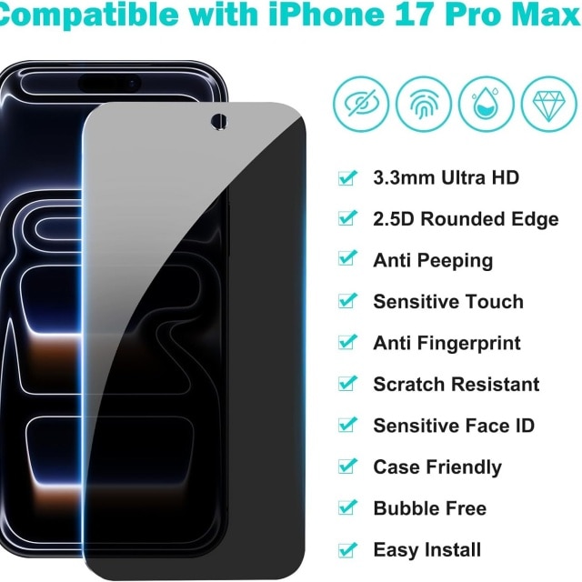 Set 3 folii protectie ecran si 3 protectii lentile camera, 9H, negru, iPhone 17 Pro Max, 6.9 inch, 6 piese