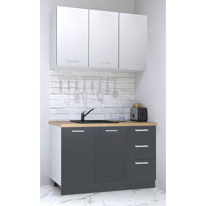 Set mobilier bucatarie cu soft-close, BadenMob Germania, 120cm, corpuri inalte, blat gros, 3 sertare, Antracit/Alb