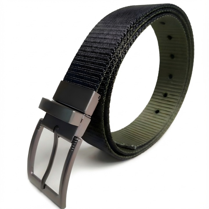 Curea barbati HUA BAI NA®, curea tactica militara, Disponibil in negru si verde, cu doua fete si reversibil, Catarama pivotanta,3.5x120cm, Negru si verde