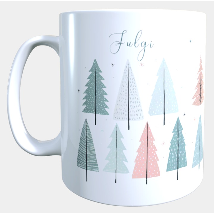 Cana ceramica personalizata „Fulgi, Brazi, Magie” – 330 ml, alba