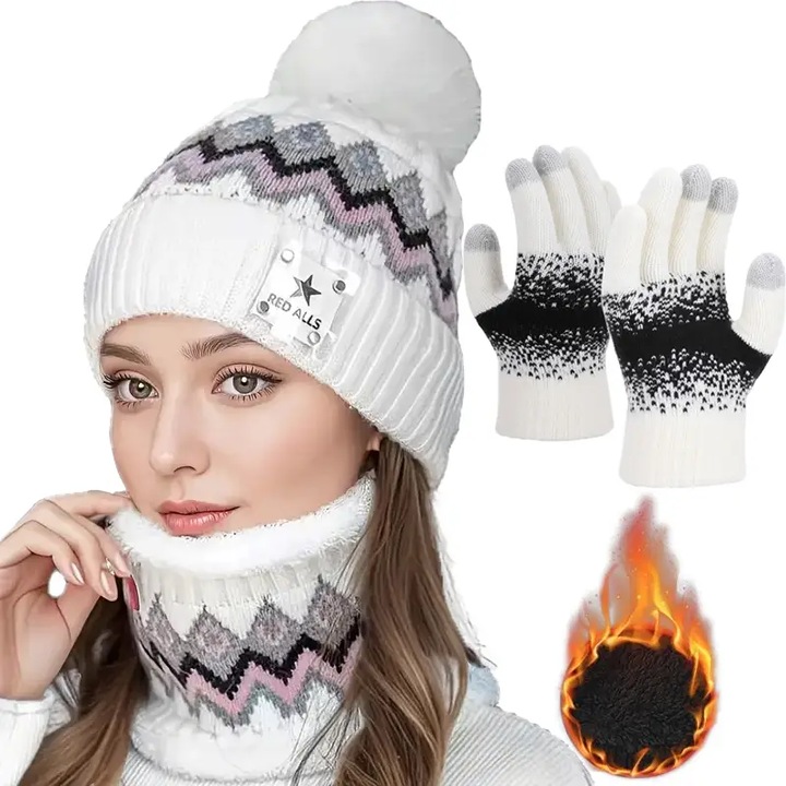 Set caciula pentru iarna, JALWO, Palarie, gat si manusi, usoare si calde, potrivite pentru ciclism, sport in aer liber si timp rece de zi cu zi, alb