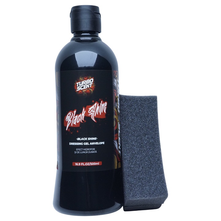 Solutie pentru anvelope profesionala tip gel si regenerare plastic, BlackShine de la TurboScent, stralucire intensa, protectie de lunga durata, dressing pentru plastice deteriorate, 500ml