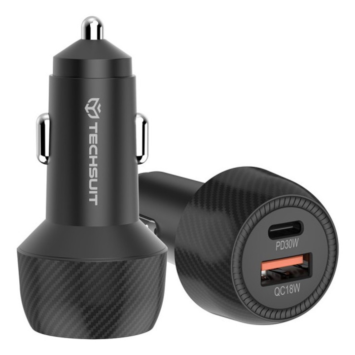 Incarcator Auto Cu 2 Porturi Fast Charge 48W, USB - 18W, Type-C - PD30W - Black, 24633