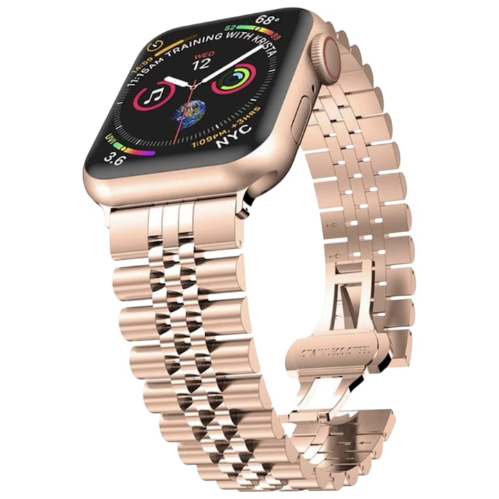 Curea metalica Premium cu Dispozitiv reglare lungime bratara, compatibila cu Apple Watch Ultra/Ultra 2/Ultra 3/SE/11/10/9/8/7/6/5, Display 44/45/46/49 mm, Culoare Aurie