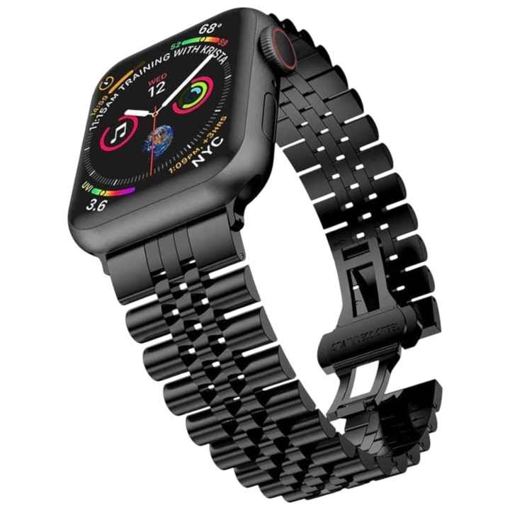 Curea metalica Premium cu Dispozitiv reglare lungime bratara, compatibila cu Apple Watch Ultra/Ultra 2/Ultra 3/SE/11/10/9/8/7/6/5, Display 44/45/46/49 mm, Culoare Neagra