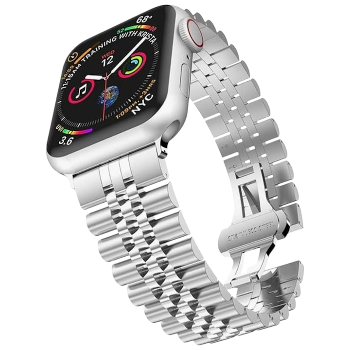 Curea metalica Premium cu Dispozitiv reglare lungime bratara, compatibila cu Apple Watch Ultra/Ultra 2/Ultra 3/SE/11/10/9/8/7/6/5, Display 44/45/46/49 mm, Culoare Argintie