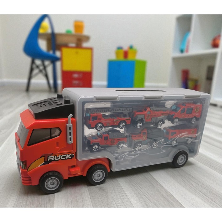 Játékkamion 6 fém járművel, 34x19x14cm, ABS/fém anyag, Hordozható, Piros/Tűzoltó, VisionXXI