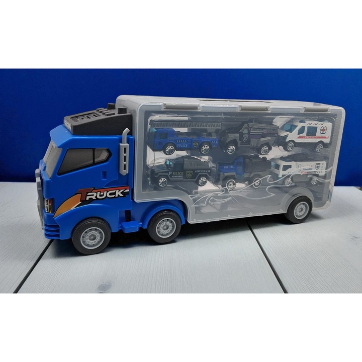 Játékkamion 6 fém járművel, 34x19x14cm, ABS/fém anyag, hordozható, kék/rendőrségi, VisionXXI