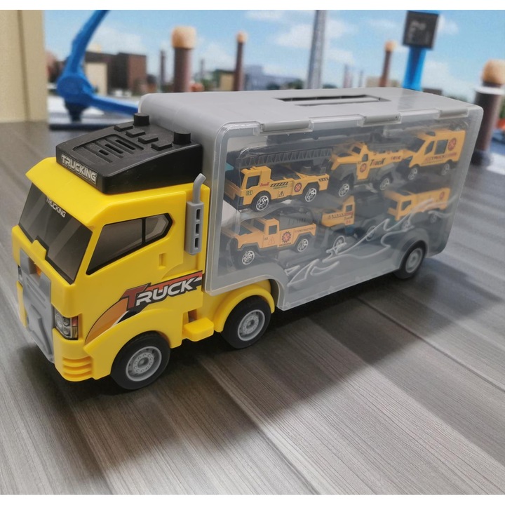 Játék teherautó 6 fém járművel, 34x19x14cm, ABS/fém anyag, hordozható, sárga/építőipari, VisionXXI