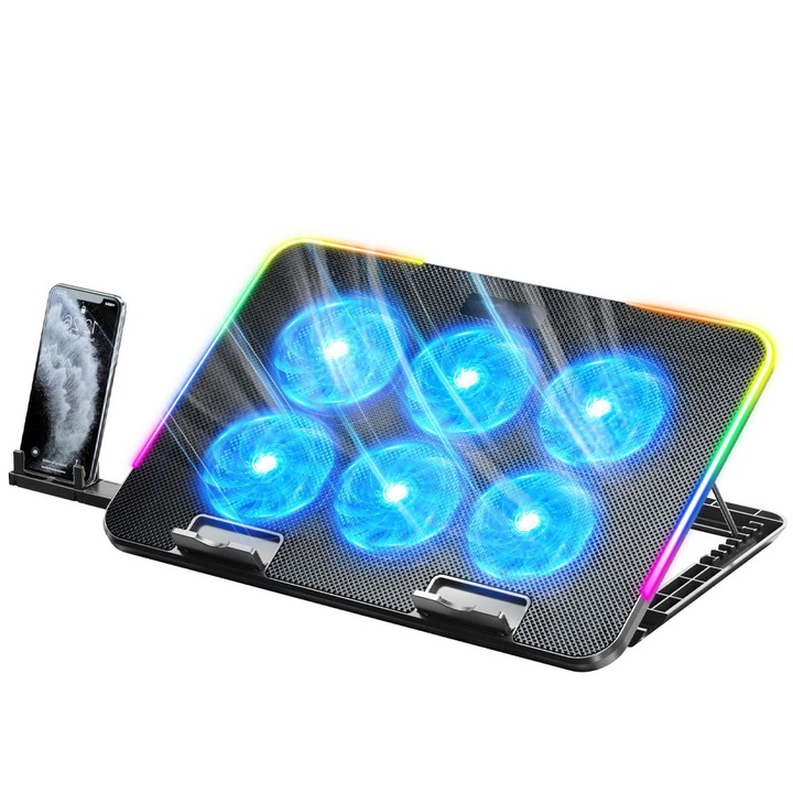 Cooler Laptop Gaming IDAMAKON Suport de Racire Pentru Laptopuri 6 Ventilatoare 8 Trepte de Inaltime cu Suport Telefon Integrat Dual USB RGB Viteza Reglabila a Vantului Non Alunecos Pliabil Silentioase Compatibile 13-18 inch Negru