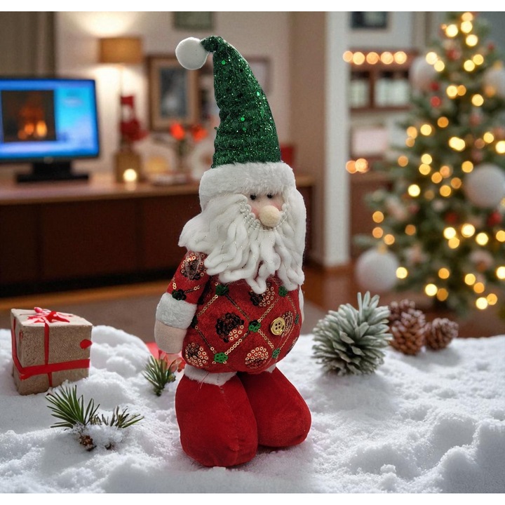 Figurina de Plus Elf Batran cu Barba, 35cm, Material de Calitate, Broderii Fine, Aurite, Paiete, Picioare Stabile