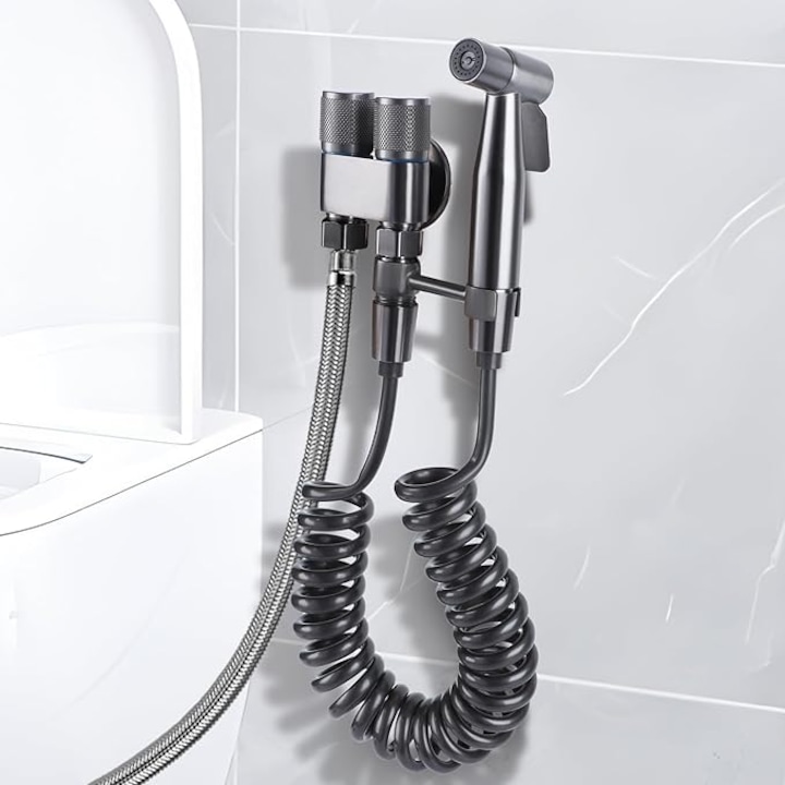 Pistol Pulverizator Pentru Toaleta/Bideu, Ldafava, otel inoxidabil, culoare gri, montare pe perete, furtun extensibil 3m, suport rotativ 360°, jet pulverizare etans, dus igienic pentru baie