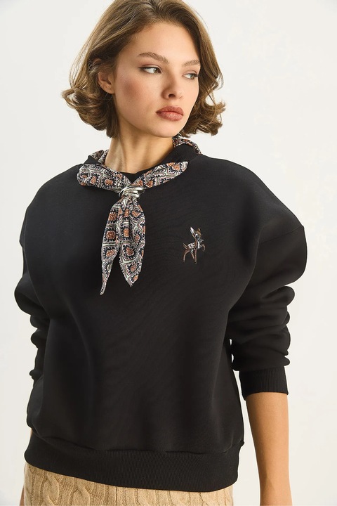 Hanorac dama, HiCCUP, guler rotund, brodat, negru, textil