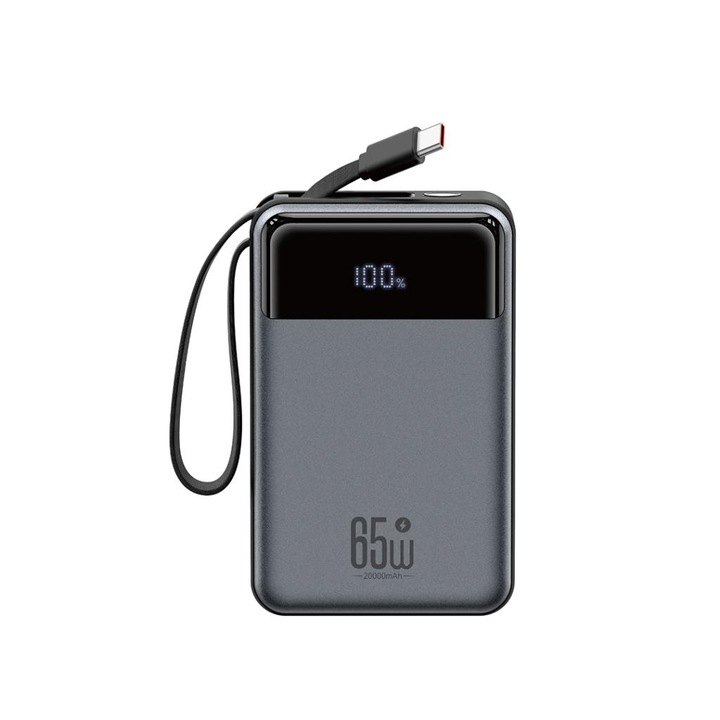 Baterie externa XO Power Bank 20000 mAh 65W + Digital display + cablu incorporat Type-C, gri