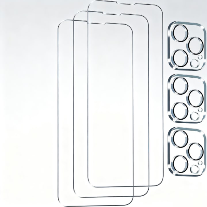Set 3 folii de protectie ecran si 3 folii de protectie pentru camera, sticla securizata, transparent, pentru iPhone 14 Pro Max, 6.7 inch