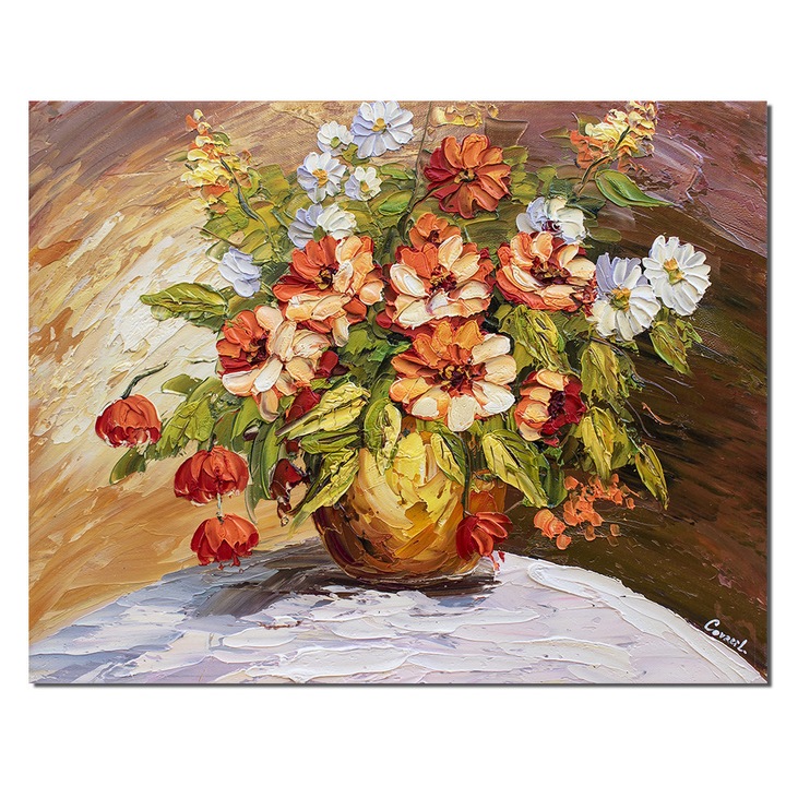 Tablou cu flori pictat manual, Regala, 50x40cm ulei pe panza in cutit, Leonard Covaci