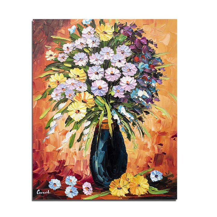 Tablou cu flori pictat manual, Ikebana, 50x40cm ulei pe panza in cutit, Leonard Covaci