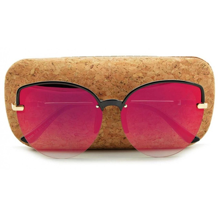 Ochelari de soare dama, Kocie Ochi, lustrzane rosii, aurii si negri, model STD-77, set cu etui si stergator.