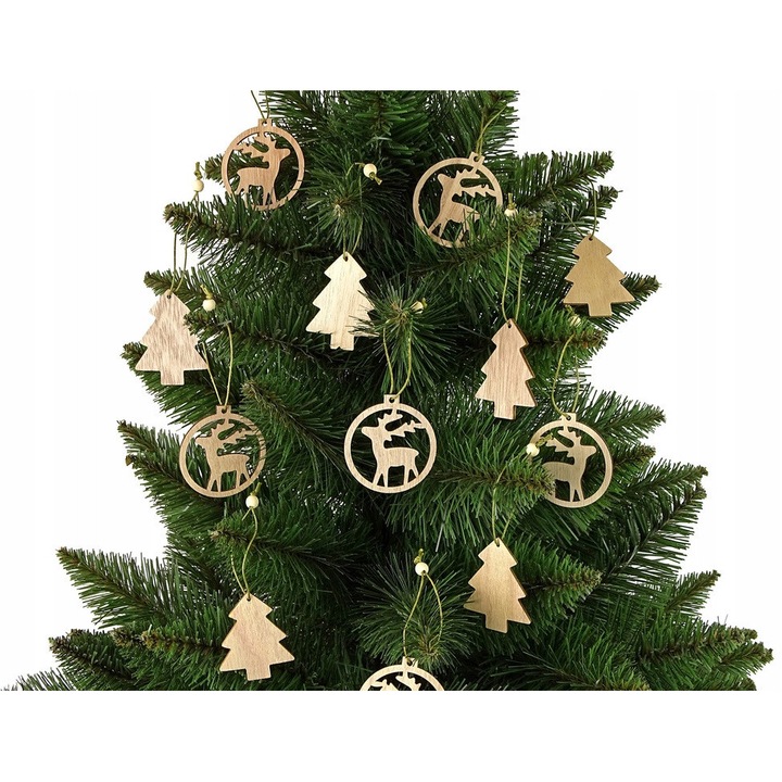 Globuri de Craciun, LEAN TOYS, set 12 bucati, forme de brad si ren, 6x5x1cm