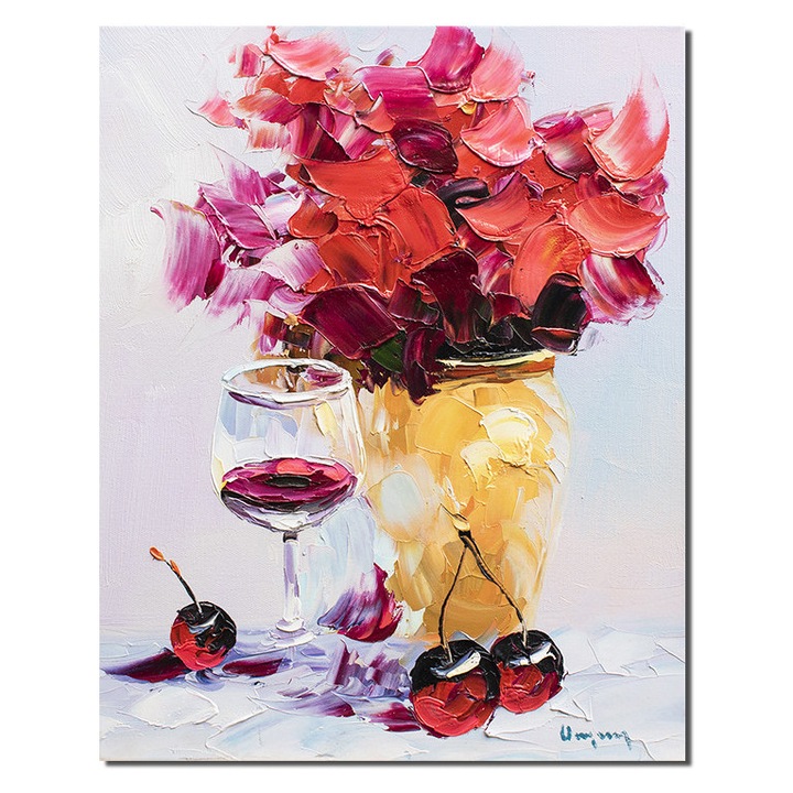 Tablou cu flori si pahar de vin pictat manual, Invitatie, 50x40cm ulei pe panza in cutit, Geo Ungureanu