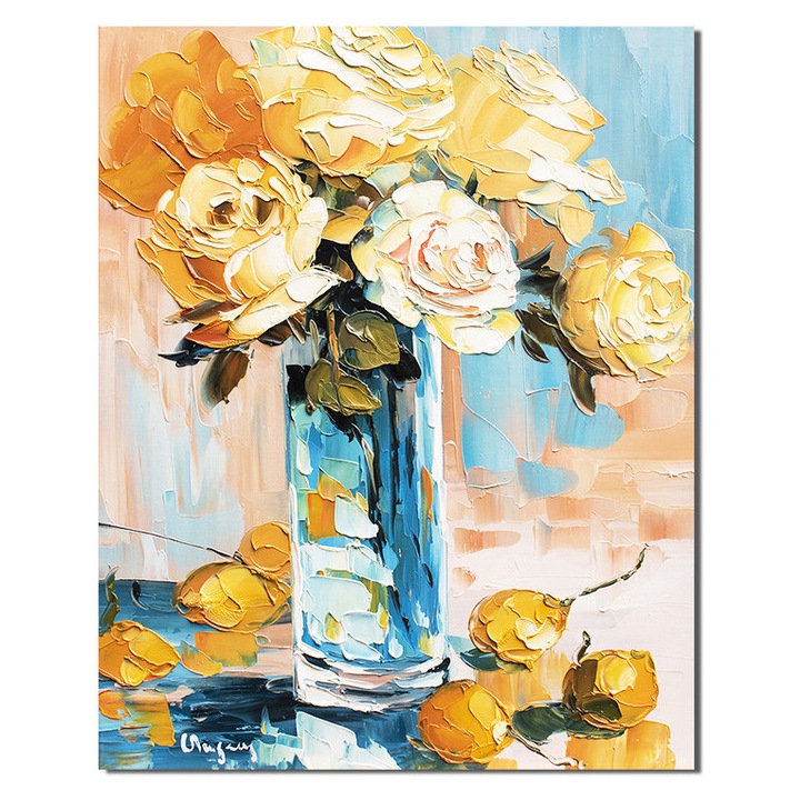 Tablou cu trandafiri galbeni pictat manual, Emotie florala, 50x40cm ulei pe panza in cutit, Geo Ungureanu