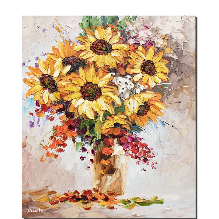 Tablou 3D Vaza cu floarea soarelui pictat manual, 60x50cm ulei pe panza, Leonard Covaci