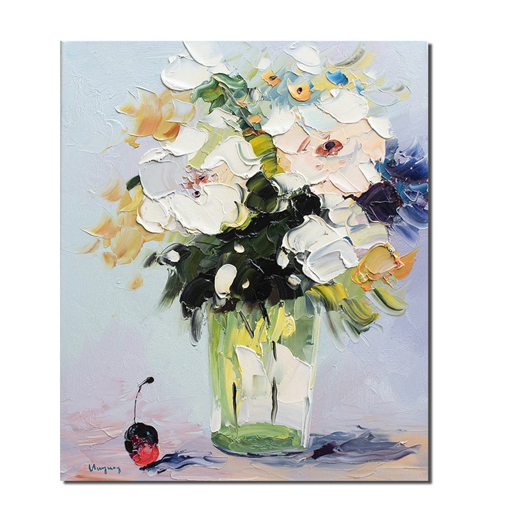 Tablou 3D vaza cu trandafiri stilizati pictat manual, 60x50cm ulei pe panza, Geo Ungureanu