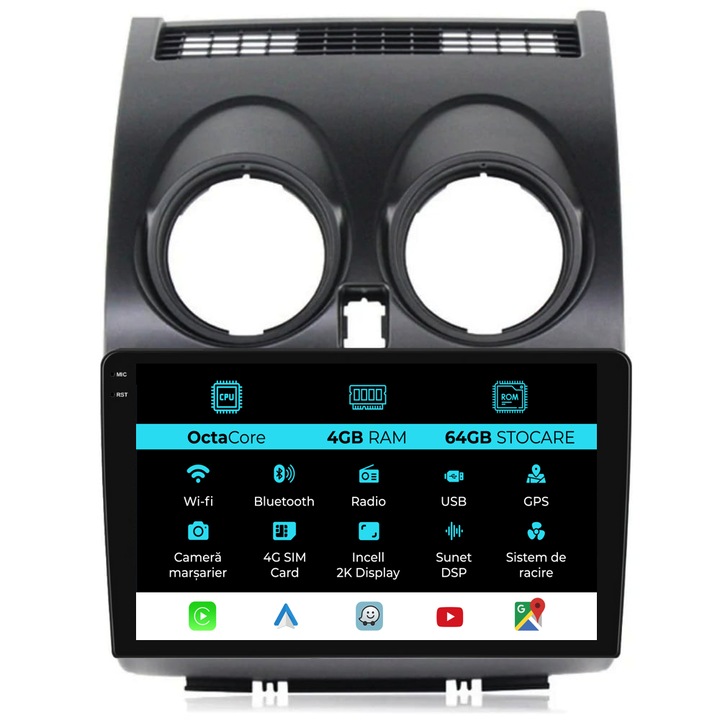 Navigatie Dedicata Nissan Qashqai J10 (2007-2013), 2K, 4Gb Ram, 64Gb Stocare, Carplay