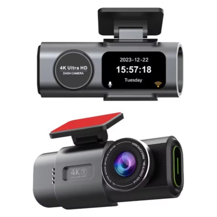Cameră de bord auto ultracompactă, FULL HD 4K, 2160P, vedere nocturnă, unghi de filmare 170, set cu cameră video marsarier și card micro SD 64GB
