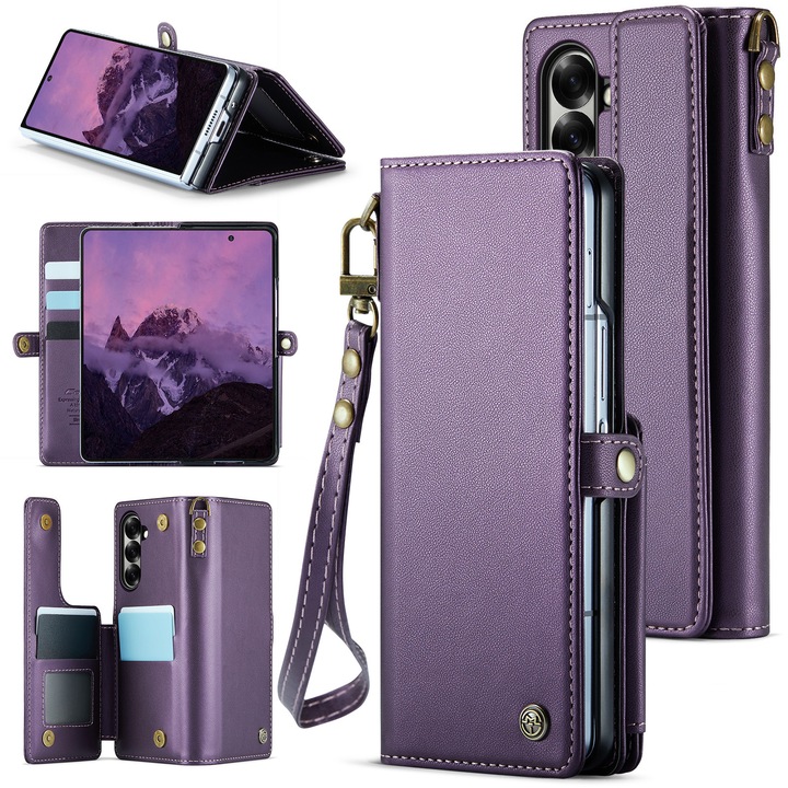 Калъф за Samsung Galaxy Z Fold7, CaseMe, мека текстурирана кожа с мек захват, мултифункционален, подвижен маншет за ръка, сигурно затваряне с магнитна закопчалка, стойка, Лилаво