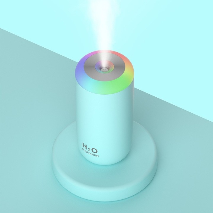 Umidificator H2O, Avaleea, Albastru, 350mL, 14.7x7.2cm, cu Difuzor de Aroma, Lumina de Noapte LED în 7 Culori, Zgomot Redus