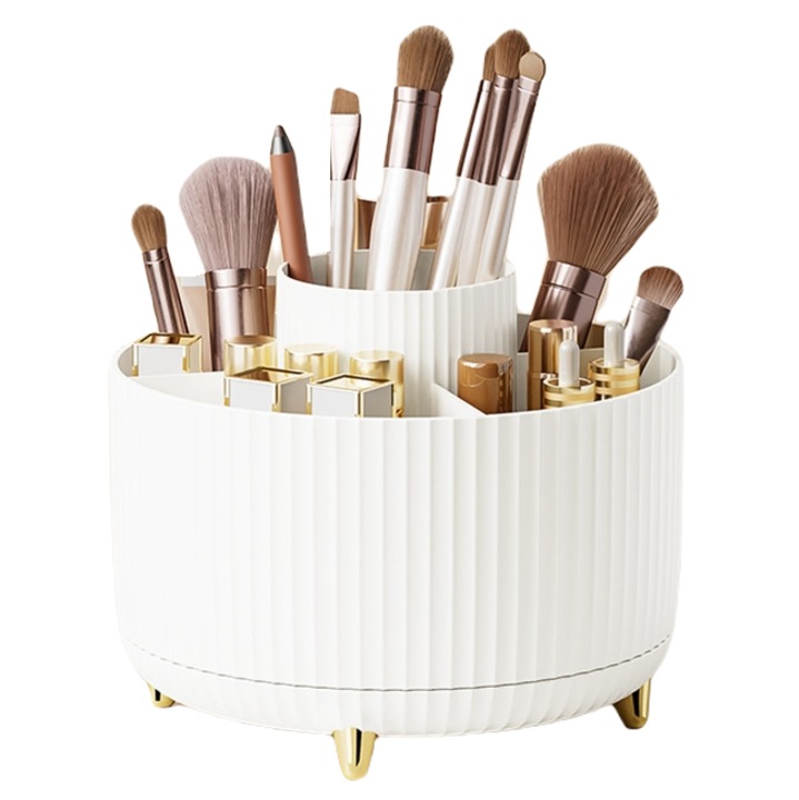 Organizator Cosmetice, Perii Machiaj, Suport Rotativ Alb