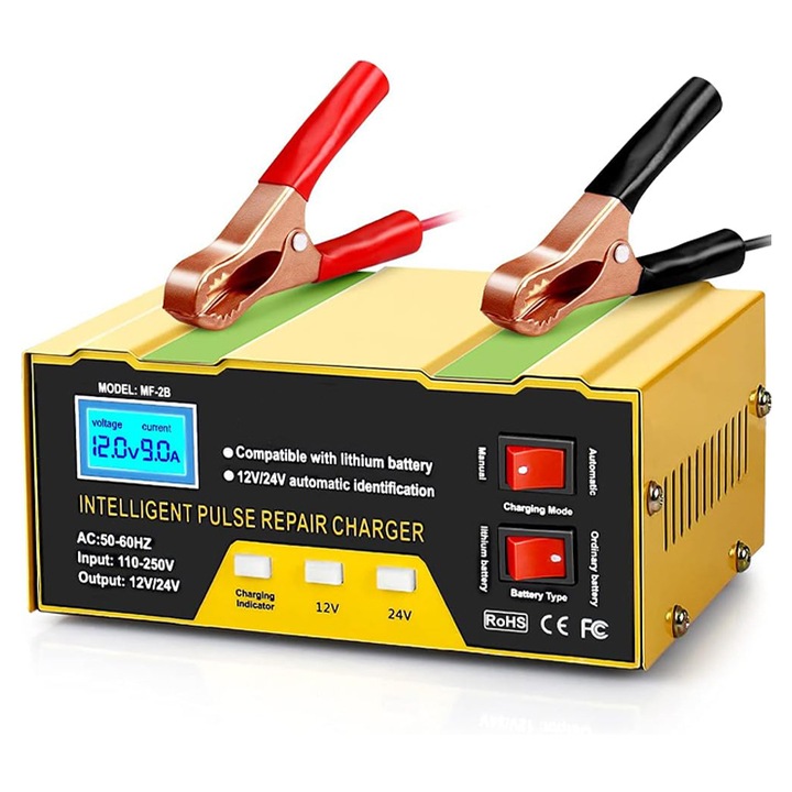 Incarcator Baterii Auto, Rqiurpn, 12V/24V, Protectie Scurtcircuit, Repararea Pulsului, lncarcare rapida, Afisaj LCD, Compatibil Masini, Camioane, Motocicleta, Multicolor